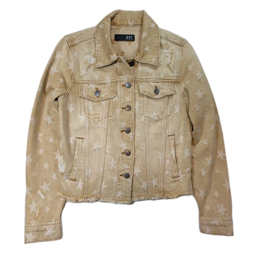 Kut from the Kloth Star Embroidered Denim Jacket Womens Small Raw Hem